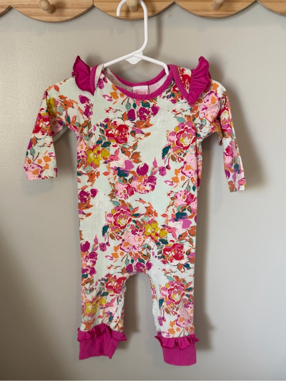 Ricrac and Ruffles Girls Floral Ruffle Romper Long Sleeve One-Piece 6–9M